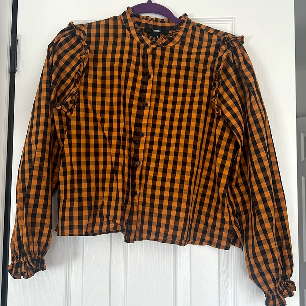 Forever 21 Orange Black Gingham Ruffle Shirt